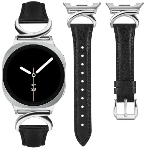 TOYOUTHS Lederarmband kompatibel mit Samsung Galaxy Watch 8 40mm 44mm/Watch 8 Classic 46mm Armband Damen, Keine Lücke Ein Klick Schlank Elegant Armbänder mit C-förmiger Schnalle, Schwarz/Silber