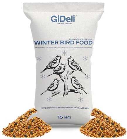 GiDeli Vogelfutter Wildvögel Ganzjährig 15 kg - Winterfutter mit Leinsamen | liefert Energie an frostigen Tagen, stützt Gefieder sowie Mineralisierung, reicht für regelmäßige Fütterung am Futterhaus