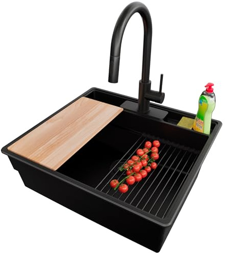 PRIMAGRAN Granitspüle ab 60er Unterschrank + Küchenarmatur, 58x53cm | Set: Küchenarmatur BW9010 + Ablauf-Set (Siphon, Ablaufgarnitur, Überlauf) + Spülbecken 1 Becken - New York, Alles Schwarz