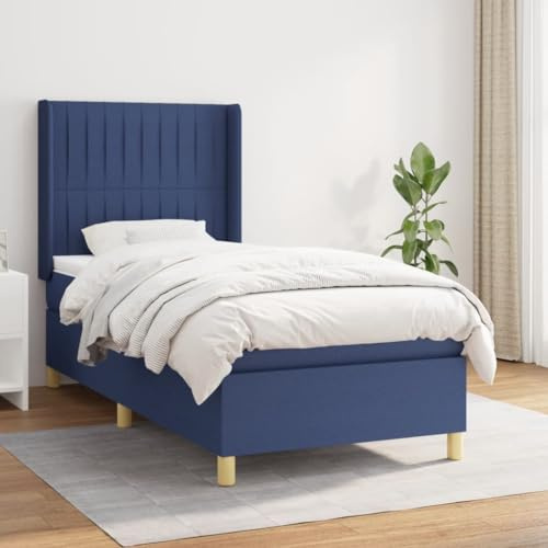 QJBSAVVA Boxspringbett 100x200 cm Blau mit Matratze & Topper Bettrahmen Stoff massiv höhenverstellbares Kopfteil Jugendzimmer Schlafzimmer für einzelne Person