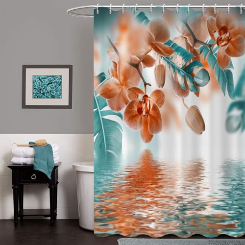 GCIREC Duschvorhang, 180x200cm, Teal und Orange Orchidee Tropische Blume Blatt Malerei Zen Wasserdichter Stoff Maschinenwaschbarer Badezimmervorhang mit Haken