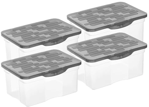 Rotho Ranger Aufbewahrungsbox mit Deckel 4er-Set 4,2 L aus PP Anthrazit | Aufbewahrungsboxen stapelbar, transparenter Kunststoff, Scharnierdeckel rastet ein, passend für DIN A5, Übersicht im Inhalt