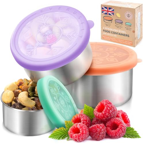 Microwavable Stainless Steel Snack Pots, 3 Pack, Sorbet, Leakproof | Everusely Mini Tiffin Boxes, Food Storage Metal Nesting Containers, Conveniently Dishwasher Safe, Hassle-Free Cleaning