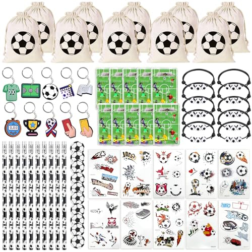 ePicsoa 70 Stück Fußball Mitgebsel Kindergeburtstag Junge | Fussball deko Geburtstag Kinder mit Fußball Flipperspiel Jutebeutel Armband Schlüsselanhänger Radiergummis Bleistifte