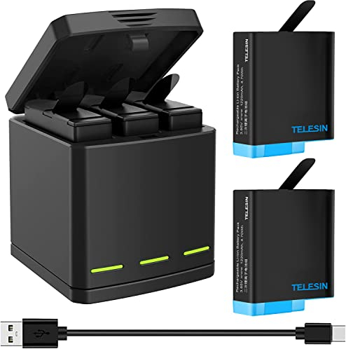 TELESIN por Go Pro Hero 8/7/6/5 batería Cargador + 2 baterías con Cable USB Type-C 3 en 1 para Go Pro Hero 8 / Hero 7/6/5 Black