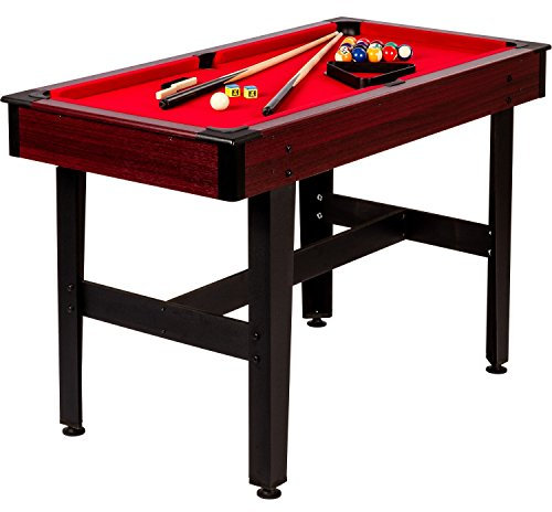 GAMES PLANET 4 ft Billardtisch COMPACT + Zubehör, 3 Farbvarianten, 122x61x76 cm (LxBxH), Schadstoffgeprüft, Dunkles Holzdekor, Rotes Tuch
