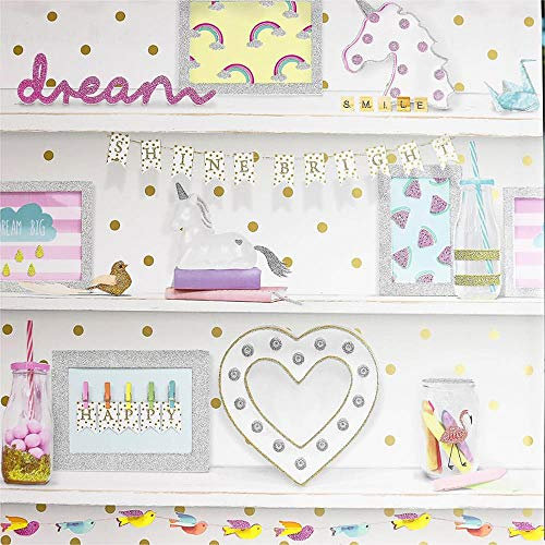 Girls Life Glitter Bookshelf Wallpaper Polka Dot Heart Unicorn Bird Pink White