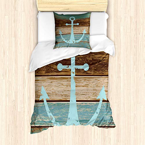 ABAKUHAUS Anker Bettbezug Set für Einzelbetten, Nautical Rustic, Milbensicher Allergiker geeignet mit Kissenbezug,Hellblau Blaugrün