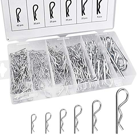 RMENOOR 150 Stücke Federstecker Set Federsplinte Edelstahl Verzinkt Feder Stecker 6 Verschiedene Größen Federvorstecker mit Transparent Sortimentsbox R Clips für Autos Mechaniker Werkstätten