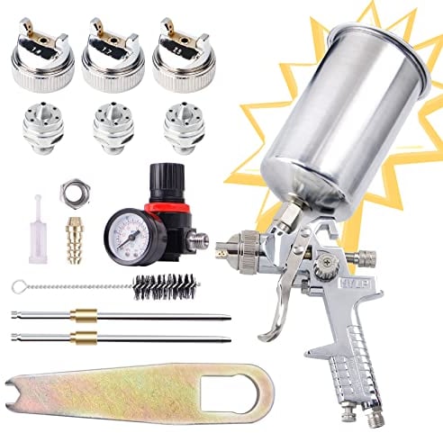 CarBole Pistola a Spruzzo HVLP con Tazza di Alluminio 1000cc e 3 Ugelli 1.4/1.7/2.5mm,Pistola per Verniciare con Regolatore di Pressione dell'aria, Utilizzata per Auto,Pareti,Mobili,Recinzioni