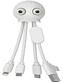Xoopar Câble Multi USB 4 en 1 en Forme de Pieuvre Jelly Mini Chargeur USB Universel Conçu avec des Matériaux Recyclés avec Micro USB C et Lightning Compatible (Blanc)