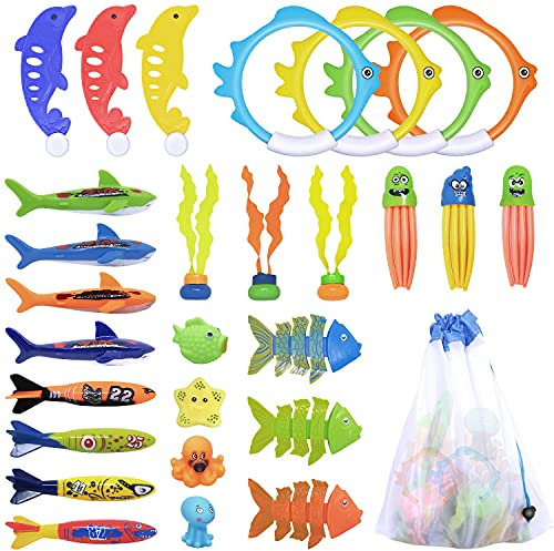 LAPPAZO Giochi Piscina Bambini 28pcs Kits de Giocattoli Piscina Subacquea da Immersione Giocattolo Acquatico di Nuoto Set di Giochi d'Acqua per Bambini