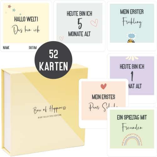 Things of Happiness Meilensteinkarten Baby | 52 Fotokarten für Junge & Mädchen | Mein 1. Lebensjahr Set mit wichtigen Fortschritten + Monatskarten 1-12 | Baby-Geschenk zur Schwangerschaft & Geburt
