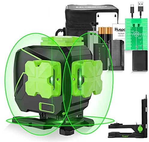 Livella laser, Huepar 3 x 360 Strumento laser a raggio verde autolivellante, linee verticali e orizzontali, batteria agli ioni di litio e base girevole magnetica S03DG-L