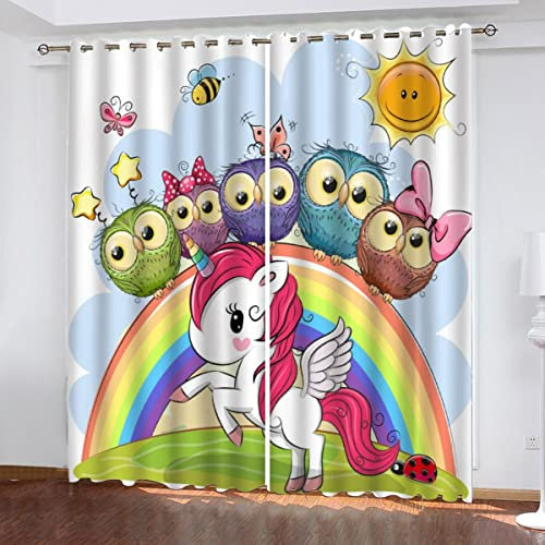AOYNP Vorhang Blickdicht Kinderzimmer Verdunklungsvorhänge mit Ösen Cartoon-Pferd Gardinen süßer EulenregenbogenWohnzimmer Schlafzimmer Balkontir Schallschutz Thermovorhang 150x166 cm