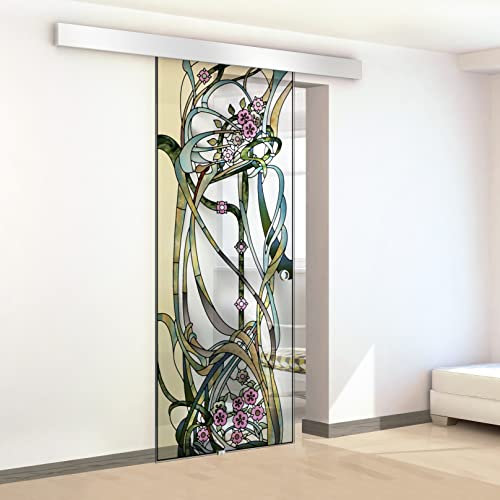 Porta scorrevole in vetro colorato dipinto a mano, modello BRUXXELLES giallo 60x215 cm (60/85/95 cm) 8 mm vetro trasparente, kit completo di ferramenta (60x215 cm, SINISTRA)