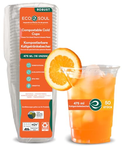 ECO SOUL 100% kompostierbare & biologisch abbaubare, transparente Partybecher | 50 Stück | 473 ml (16 Oz) | Einwegbecher aus pflanzlichem, umweltfreundlichem Material | Für Hochzeiten & Feiern