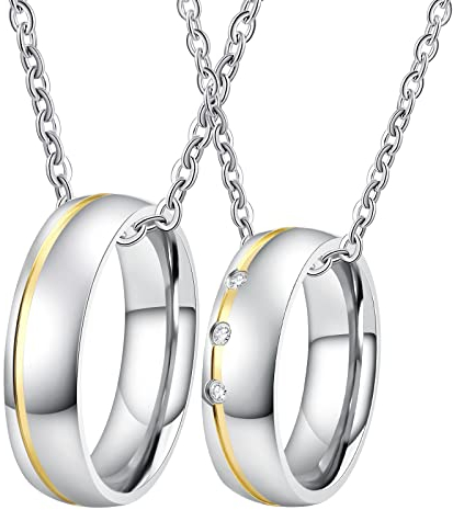 Lieson Edelstahl Anhänger Halskette für Damen und Herren, Ring Mit Gravur Personalisiert Breite 6MM Zirkonia Ring Silber Gold Geschenke für Paare