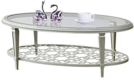 Couchtisch, Wohnzimmer-Beistelltisch, Sofatisch, Couchtisch aus Glas, 2-stöckiger ovaler Teetisch mit temporärer Glasplatte und geschnitztem Regal, moderner Sofa-Mitteltisch, Cocktailtisch mit Akzente