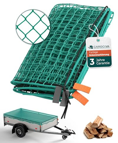 CargoVA® Intelligentes Anhängernetz 1,5x2,7M [DEKRA Geprüft] - Hängernetz mit Gummiseil, Eckenmarkierung und Haken - zur perfekten Ladungssicherung
