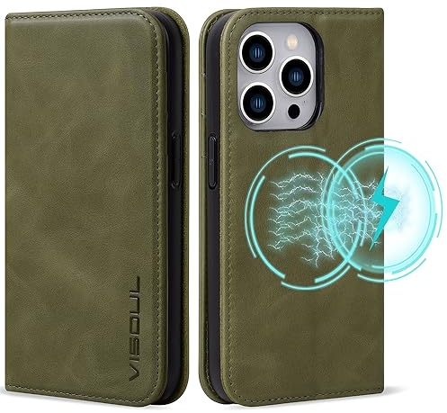 VISOUL Hülle für iPhone 15 Pro,Echt Leder Schutzhülle Schützt Kartenfach Magnetverschluss Stand klappbar handyhülle Handytasche Etui Case Grün