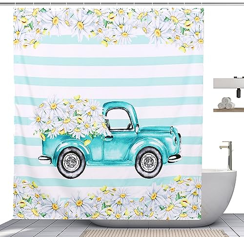 Jevina 200x180cm Kleiner Zug und Blumen Duschvorhang Schimmelresistent Wasserdicht Wasserfester Duschvorhang mit 12 Duschvorhangringen