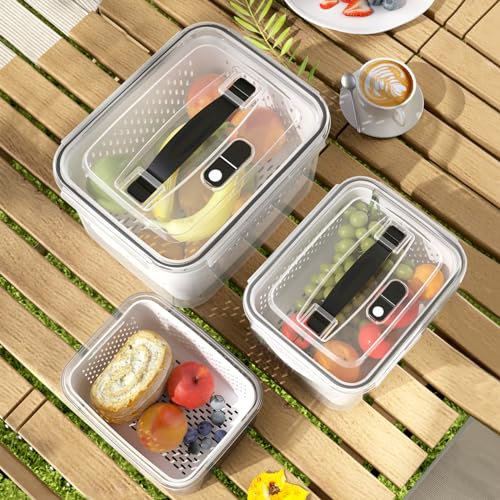 Fruit Storage Containers for Fridge with vent holes and handle,Airtight Food Storage Containers Keep Fruits, Vegetables, Berry, Meat Fresh longer,BPA-free Fridge Storage Container with Lid (3 Pack)