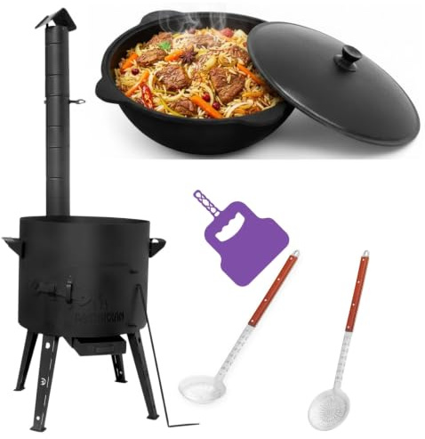 Ø49 Uchag 2mm stahl Utschak mit Abzugsrohr 22L Kazan Rund Grillfächer Schaumkelle Suppenkelle Utschak Utschag Kasan Feldküche Außenküche Eintopfofen Gulaschkanone