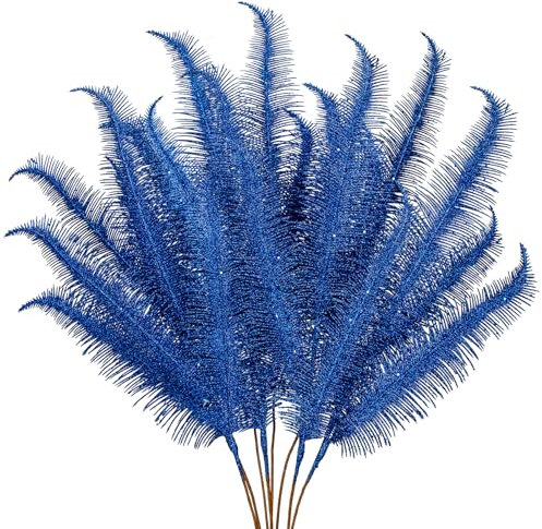 Oairse 8 Pcs Christmas Tree Picks and Sprays Blue Glitter Christmas Picks 28 Christmas Glitter Feathers Leaves Stems for Christmas Tree Filler Branches Wreaths Centerpieces Holiday Decorations
