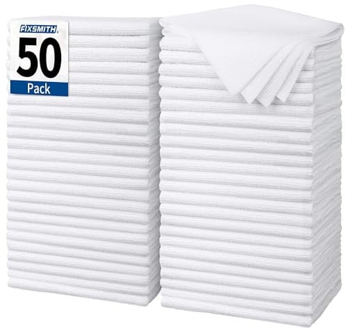 FIXSMITH White Microfiber Cleaning Cloth, Pack of 50, 16X12 Cleaning Rags for Housekeeping and Kitchen, Reusable Shop Towels, Microfiber Towels for Cars, Lint Free, Scratch-Free, Highly Absorbent