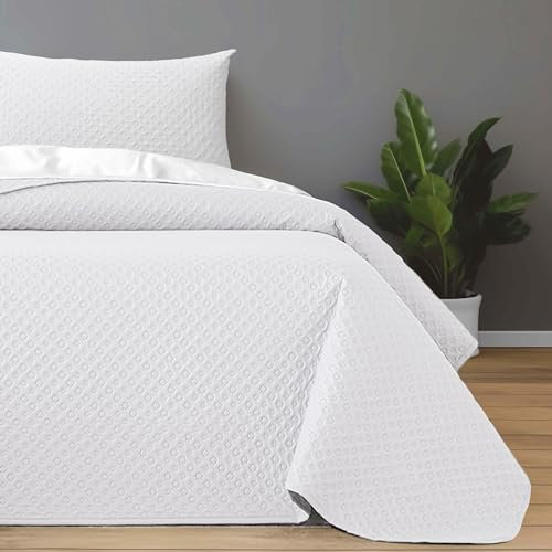 DALINA Textil - Colcha bouti para Verano y Entretiempo, Colcha para Cama 90-100% Poliester, Colcha Cubre Cama Fina, Suave, 180x265 Blanco con una Funda de Cojin 45x70cm