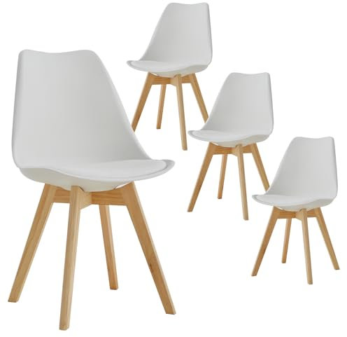 TTATC Lot de 4 Chaises de Salle à Manger avec Pieds en Bois de Hêtre Massif, Chaises de Cuisine au Design Rétro, Chaises de Bureau en Bois avec Siège Rembourré, Blanc