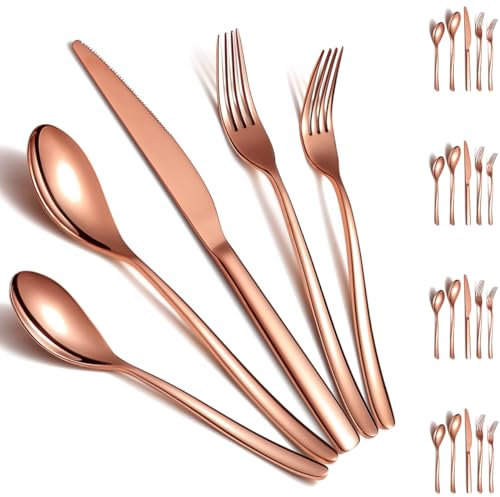 Silverware Set 20 Pieces Service for 4, ReaNea Rose Gold Flatware Set, Titanium Plating Cutlery Set Include Dinner Knives, Dinner Spoons, Dinner Forks, Teaspoons, Salad Forks, Dishwasher Safe