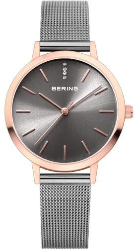 BERING Damen Quarz Uhr | Armbanduhr 34 mm roségoldenes Edelstahlgehäuse und graues Zifferblatt | Milanaisearmband | Saphierglas | 3 ATM | 13434-369