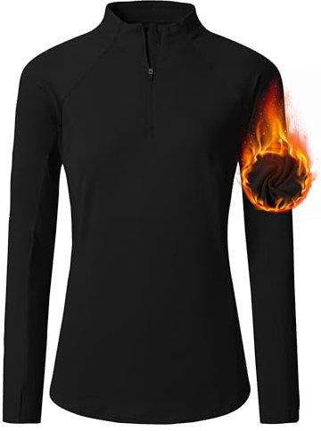 MoFiz Damen Sport Shirt Langarm Fleece Activewear T-Shirt mit 1/4 Reißverschluss Schnelltrocknend Gym Yoga Fitness Training Laufshirt Schwarz XL