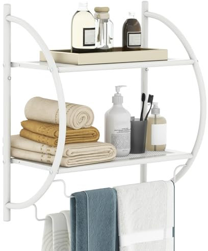 COSTWAY Wall Mounted Towel Rack, 2-Tier Chrome Curved Bathroom Shelf with Hanging Rails, Wall Shelving Unit Towel Holder Floating Storage Shelves for Bathroom, Kitchen and Living Room (White)