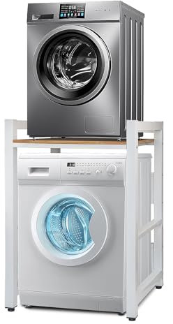 JXZ Mueble Lavadora, Gabinete de Lavadora de Tambor, Set Apilamiento Lavadora Secadora, Ajustable en Altura de 3 Niveles, Capacidad de 300 kg para BañO, BalcóN, LavanderíA(Blanco, Tablero de Madera)
