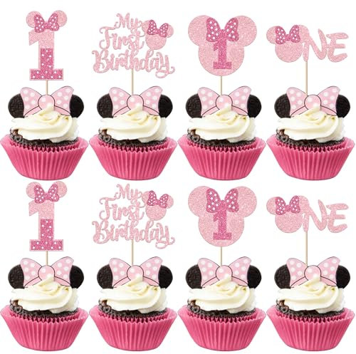 Xsstarmi 24 Packung 1.Geburtstag Cupcake Toppers Glitzer Mausbogen Cupcake Picks Geburtstagsmaus Cupcake Dekoration für Jungen und Mädchen Erster Geburtstag Party Kuchendekoration