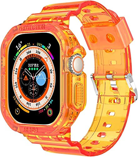 Compatible with Apple Watch Ultra/Ultra 2 49mm Band with Bumper Case,TPU Rugged Military Shockproof Sports Strap for iWatch Ultra 2/Ultra 49mm for Women and Men - Transparent Orange