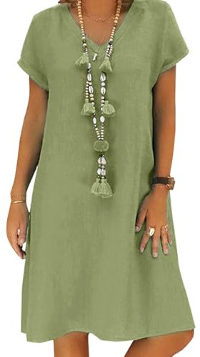 Women's Dress Summer Linen Dresses Casual V Neck Midi Dress Short Sleeve A-line Dress Sundress Tunic Dress Without Accessories (A Green, XL)
