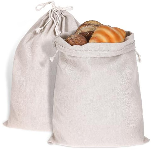 Linen Large Bread Bags for Homemade Bread 2Pcs Reusable Cotton Drawstring Bread Bags for Food Storage 12 x 15 in Natural Linen Bread Storage Bag for Artisan Sourdough Bread Bags Bakery Baguette Bag