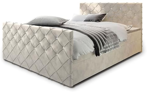 Masseno Boxspringbett Mandi 180x200 cm Komplett-Set mit Matratze und Topper, Polsterbett mit Zwei Bettkästen -Beige, Magic Velvet 2250