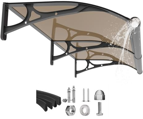 GUANSU-CN Fenster-Tür Markisen Vordach, UV-Regen-Schneeschutz Terrassenmarkise Aluminium-Halterung mit Ablaufrinne (Schwarze Halterung/braune Platte, 1 x 2M)