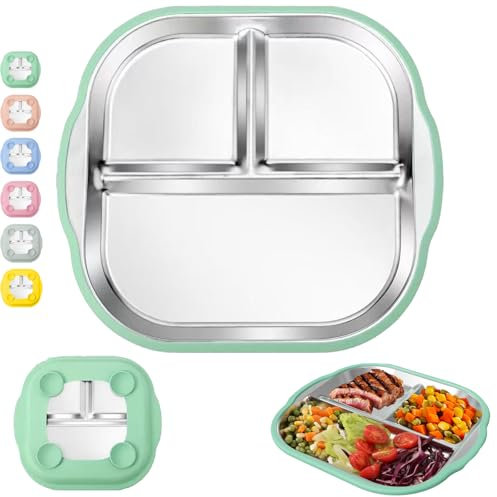 CWENDANER Piatto con Ventosa per Bambini, Piatto Svezzamento, Piatto in Acciaio Inox per bambini, Piatti Bambini Pappa Svezzamento Piatto, Piatto Antiscivolo, Senza BPA(Verde)