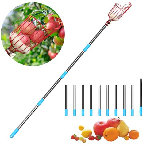 Inoamity Recogedor de Frutas Desmontable, Recogedor Frutas con 4m Palanca Ajustable, Almohadillas Protectoras de Esponja y Cesta, Recogedor para Manzanas, Peras, Naranjas (Jardín, Huerto, Granja)