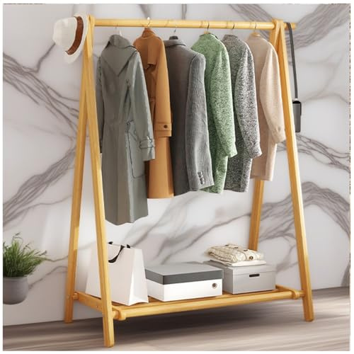 BEARQUN kleiderständer Holz Garderobe, Faltbare Vintage Garderobenständer Holz, Stand Kleiderständer mit ablage und 2 Haken, kleiderstange freistehend, Natürliche Buche, Hoch : 150CM