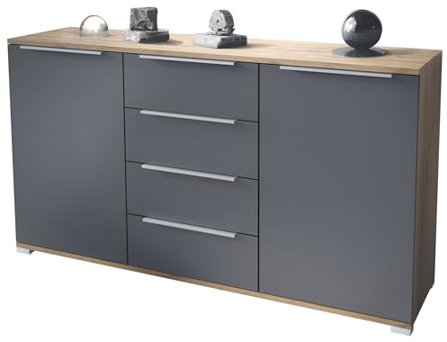 Vladon Sideboard Linio V1, Anrichte mit 2 Türen und 4 Schubladen, Eiche Evoke/Anthrazit matt (138,5 x 75,5 x 35 cm)