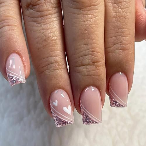 Medium Length Nails French Tip - 24pcs Glitter Pink False Nails with Glue - 12 Sizes Press on Nails with Heart Design - Glossy Elegant Full Cover Stick on nails for Women Girls
