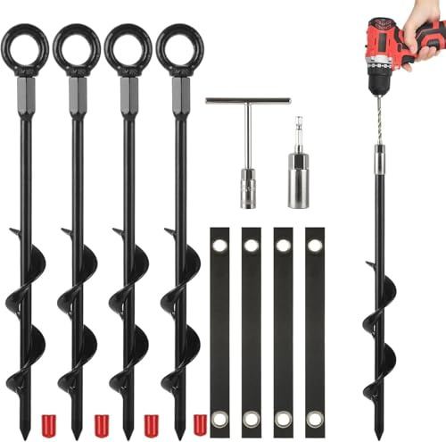 4 Pack Heavy Duty Trampoline Anchors Stakes Kit - 14.5 Inch Screw-in Ground Anchors with Adjustable Tie-Down Straps for RV Awning, Swing Set, Canopy, Tent & Dog Tie Outs (4pcs)