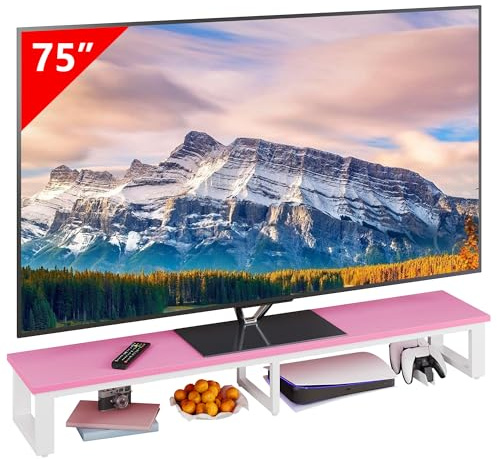 Clikuutory 59 Large TV Riser for 32-75 inch TVs, Tabletop Stand with Steel Legs, Storage & Dual - Screen Office Desk Function, Ideal for Home Office, Bedroom, Living Room, Pink